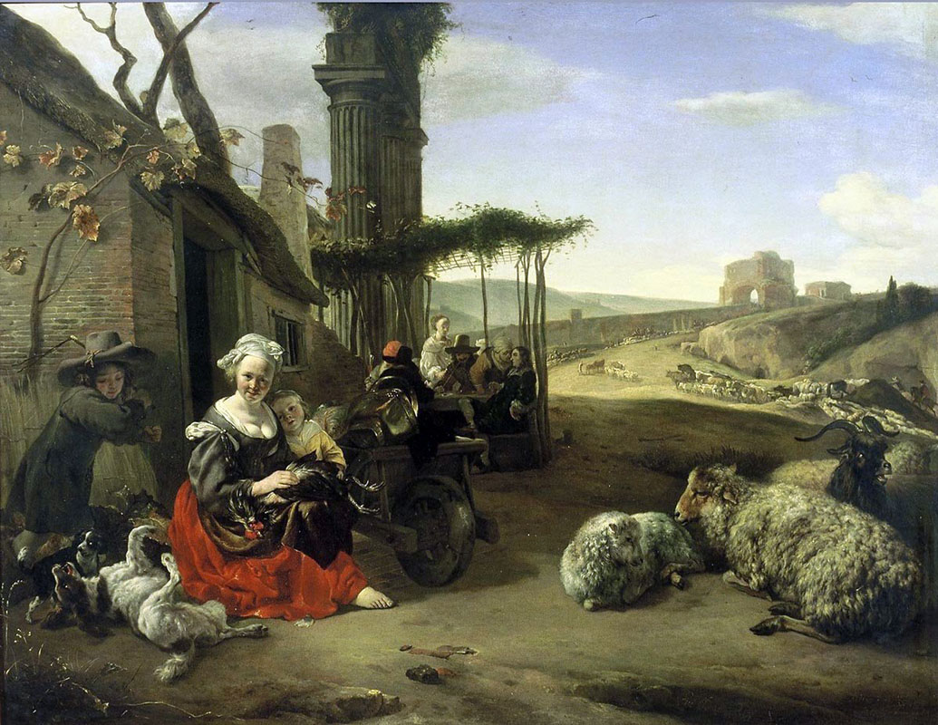Italian landscape with Inn and Ancient Ruins
